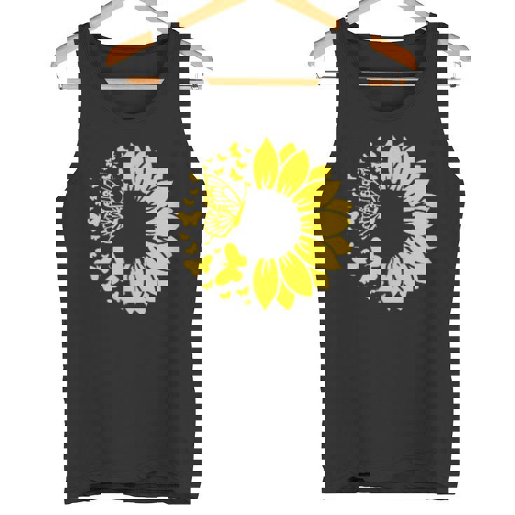 ひまわりと蝶のシルエット、自然の調和。 タンクトップ