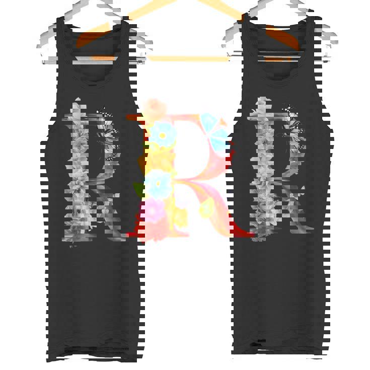 イニシャル R アルファベット バタフライ ローズ 花 水彩 モノグラム タンクトップ