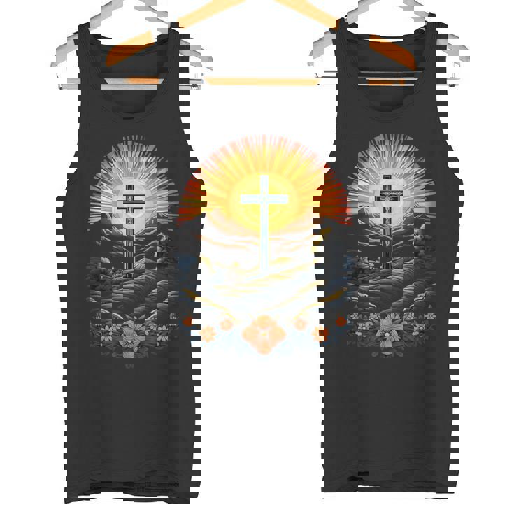 イースターデー クロスフラワー サンセット クリスチャン イースター タンクトップ