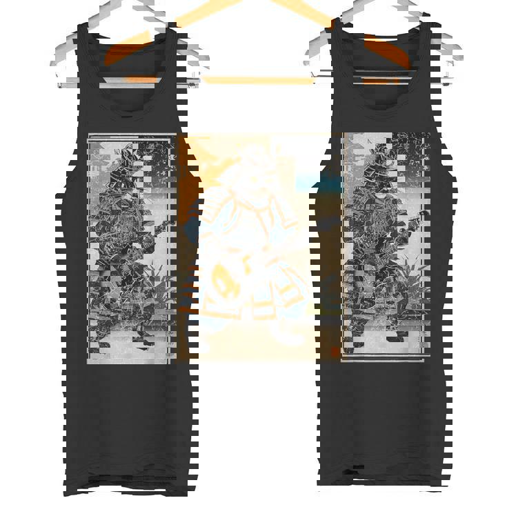 エレキギターを弾く日本の侍猫 浮世墨アート タンクトップ