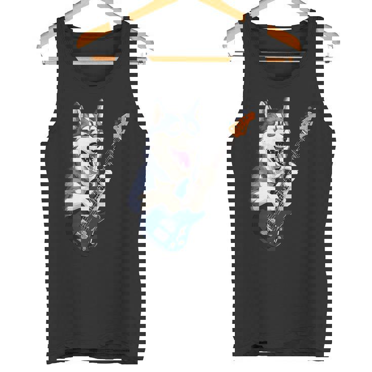 エレキギターを弾く面白いシベリアンハスキー犬ミュージシャン タンクトップ