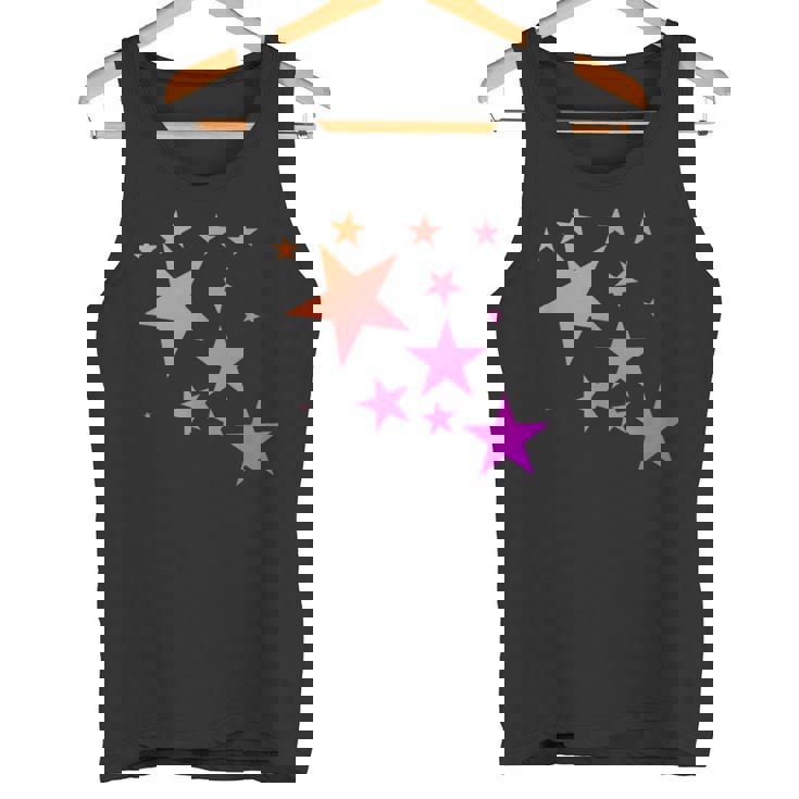 カラフルなオレンジピンクの星、流れ星柄デザイン。 タンクトップ