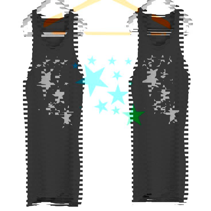 カラフルなグリーンブルーの星、星柄デザイン。 タンクトップ