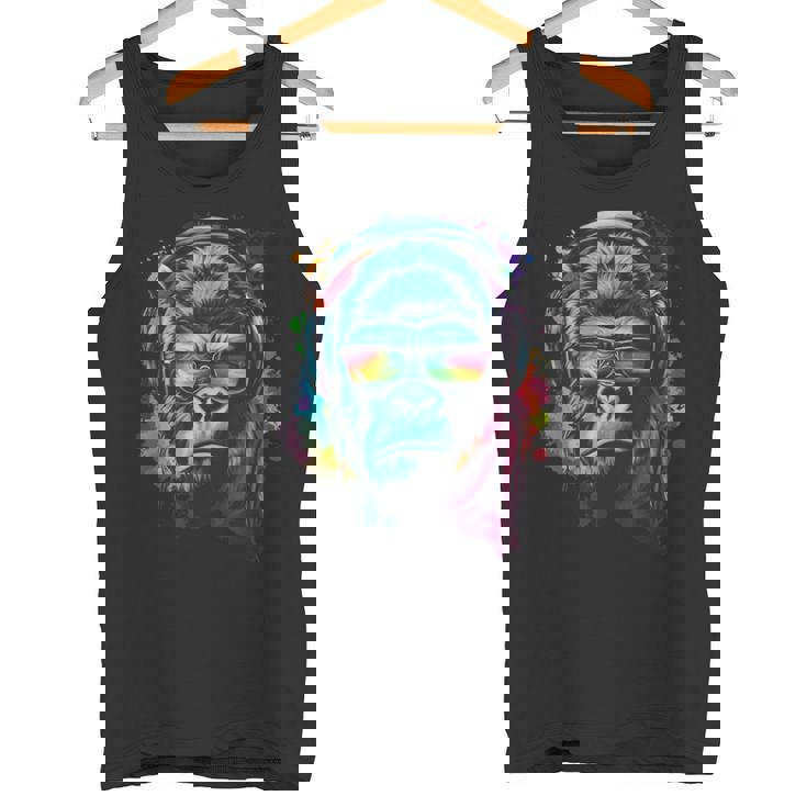 カラフルなゴリラとヘッドフォン レインボー バイブス エイプ モチーフ タンクトップ