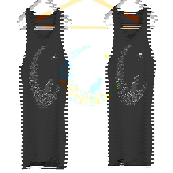 カラフルな曼荼羅三日月と猫と星 タンクトップ