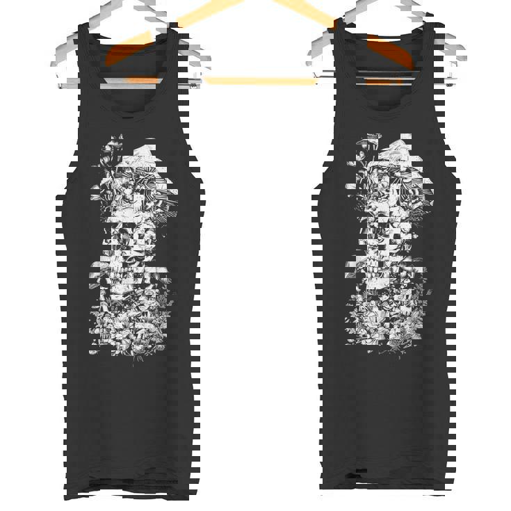 キノコや花があしらわれた骸骨の幻覚的なイラスト タンクトップ