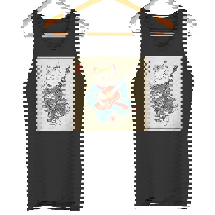 ギター奏でる猫 着物姿 ヴィンテージ 日本美術 面白い タンクトップ