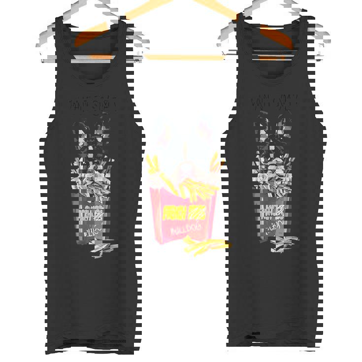 クールなフレンチブルドッグがフライドポテトを食べるグラフィッククールなデザイン。 タンクトップ