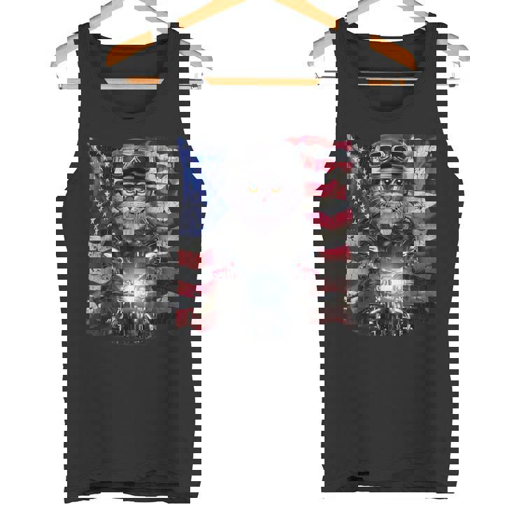 グレー 猫 ねこ バイク 星条旗 アメリカ タンクトップ