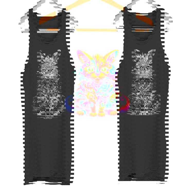 サイケデリック マンガ 猫 カラフル ファンタジー 曼荼羅スタイル タンクトップ