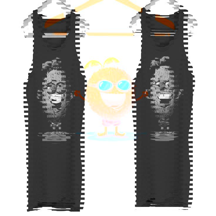 スイミングトランクとサングラスが付いた面白いココナッツ。 タンクトップ