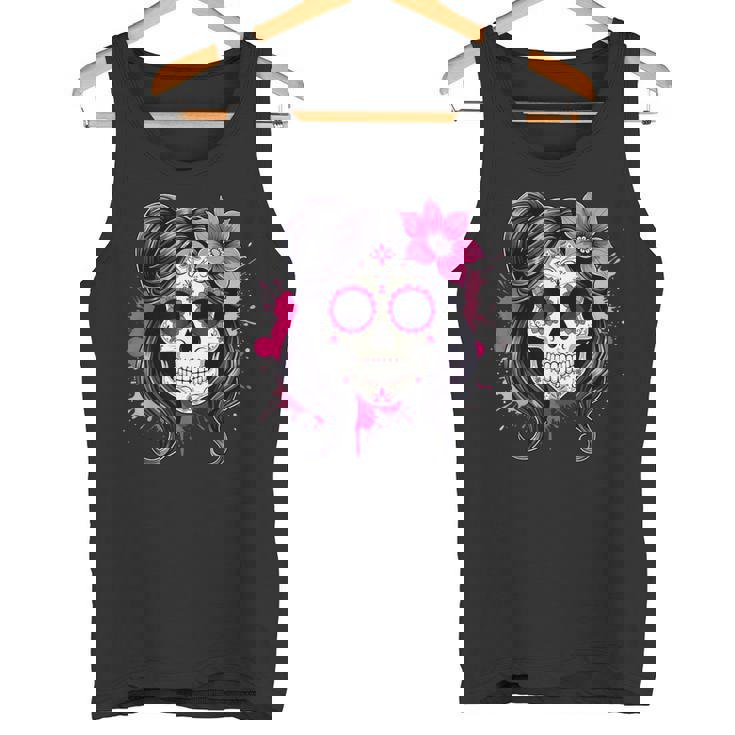 スタイリッシュなマゼンタ サクラ ムエルテ スカルデザイン Dia De Los Muertos タンクトップ