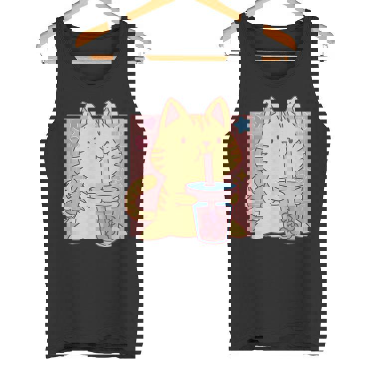 トラ猫とボバ茶のかわいいかわいい猫のグラフィック タンクトップ