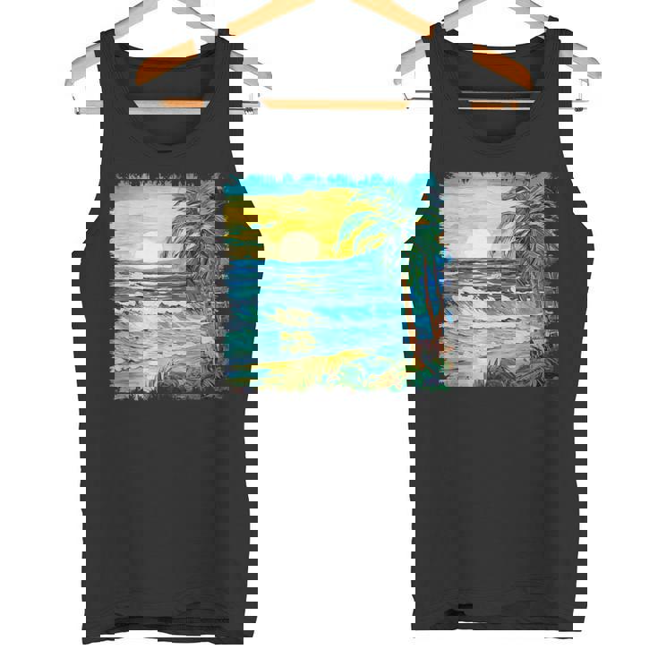 トロピカルビーチ 太陽 オーシャン ヤシの木 ゴッホスタイル アートデザイン タンクトップ