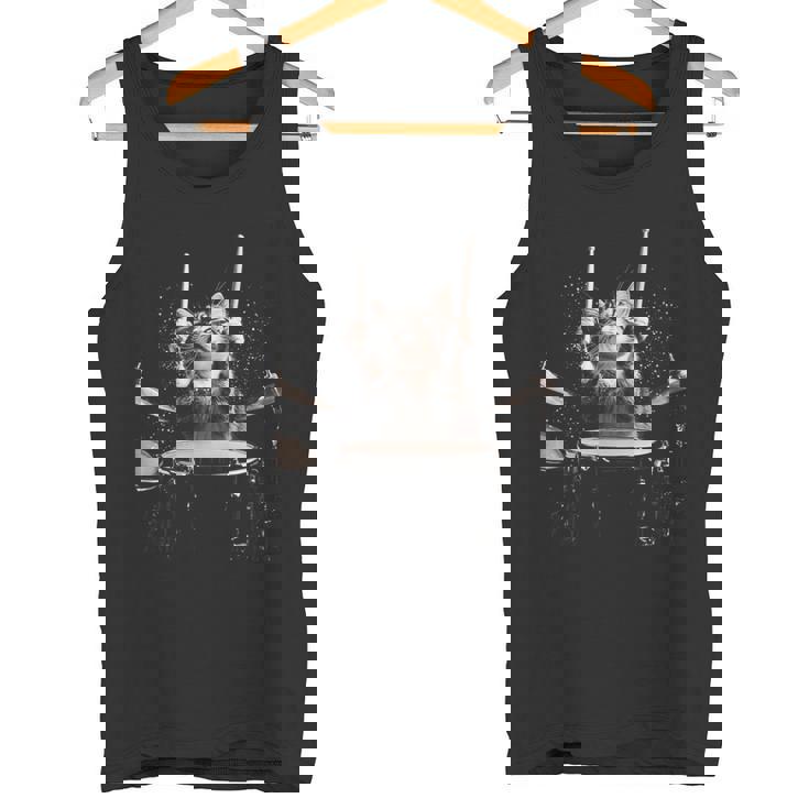 ドラムを叩く猫 面白い猫 ドラマー メンズ 半袖 おもしろ タンクトップ