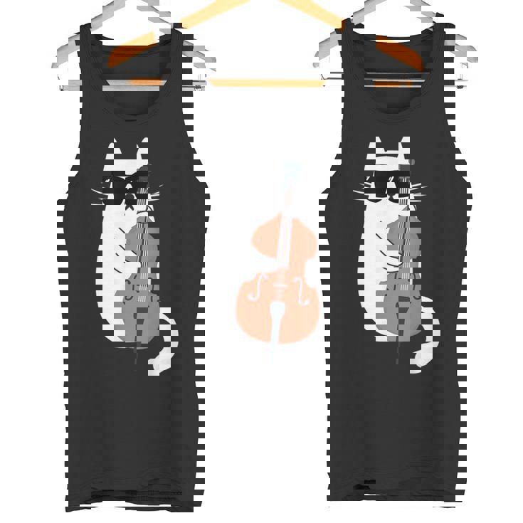 ネコとコントラバス 猫とサングラス ネコ好き 猫飼い コントラバス ウッドベース ダブルベース ジャズ音楽 ネコ 猫 タンクトップ