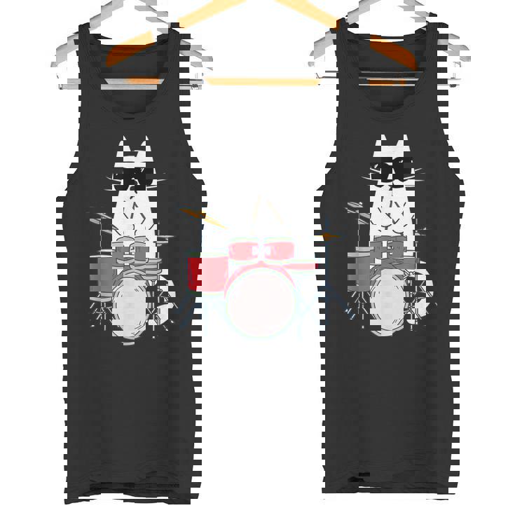 ネコとドラム 猫とサングラス ネコ好き 猫飼い 愛猫家 ドラム ドラムセット バンド ジャズ音楽 ねこ ネコ 猫 タンクトップ