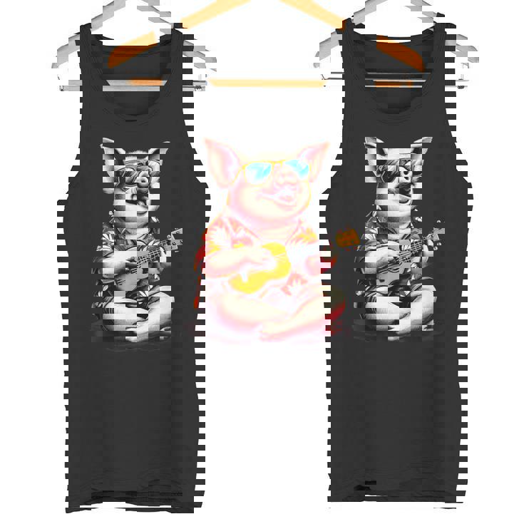 ハワイアンシャツを着たブタ、ウクレレ遊び。 タンクトップ