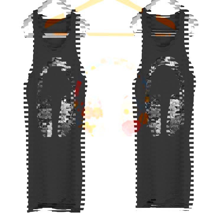 ヘッドフォンのシルエット 花柄 ボタニカル・フラワー タンクトップ