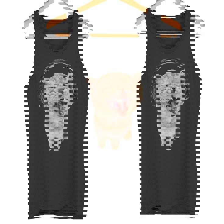 ヘッドフォン付き猫 ミーム タンクトップ