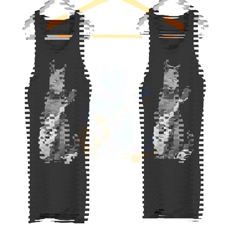 ミュージシャン ロシアンブルー猫 ギタリスト 猫とギター タンクトップ
