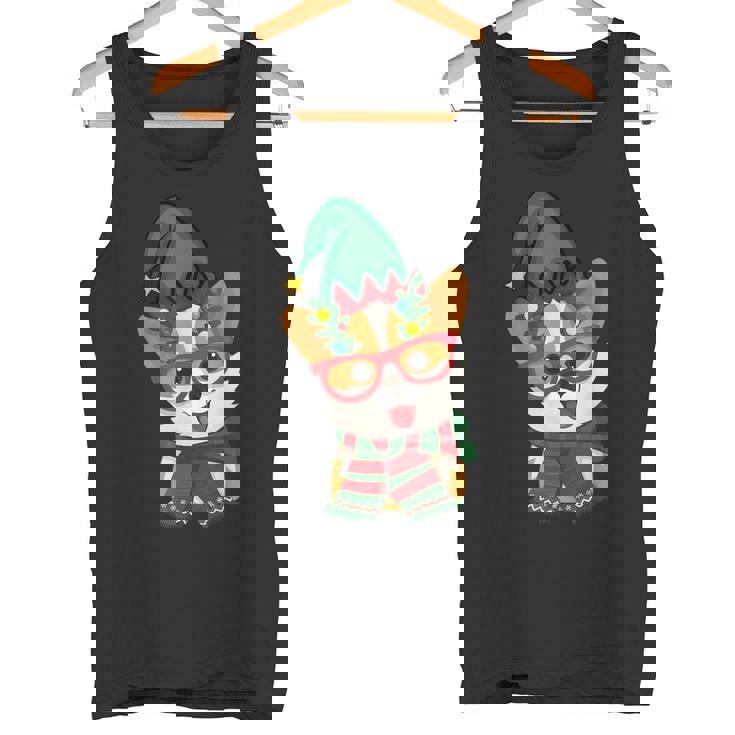 メリークリスマス かわいいオタクウェールズコーギー エルフの帽子とスカーフ付き タンクトップ