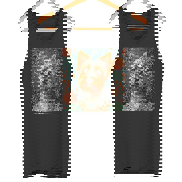 ヨークシャーテリア、ボーホースタイルのグラフィックの周りに多肉植物が描かれています。 タンクトップ