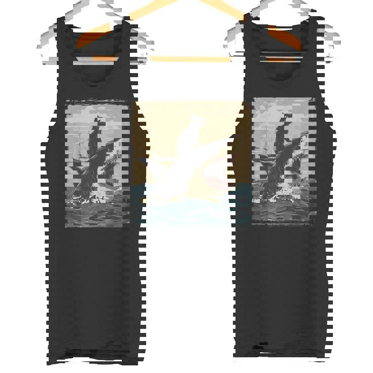 レトロ 猫 噛む サメ ユーモラス 猫 駄洒落 ミーム 猫s サメ タンクトップ