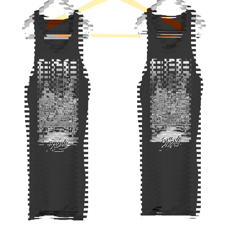 ヴィンテージ ピッツバーグ スカイライン ドローイング バーグ スチール シティ ブリッジ タンクトップ