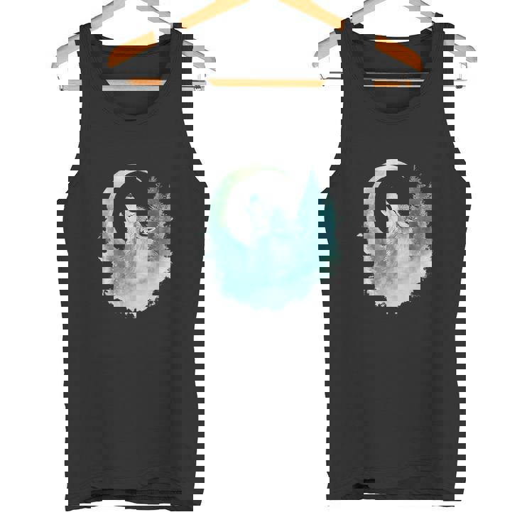 三日月の下で遠吠えするオオカミ 野生動物 タンクトップ