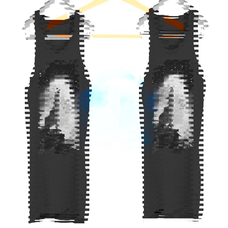 宇宙空間 オオカミ 月に遠吠えするオオカミ タンクトップ