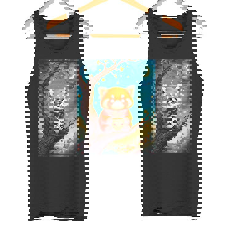 愛らしいレッサーパンダとティーカップの星月夜イラスト タンクトップ