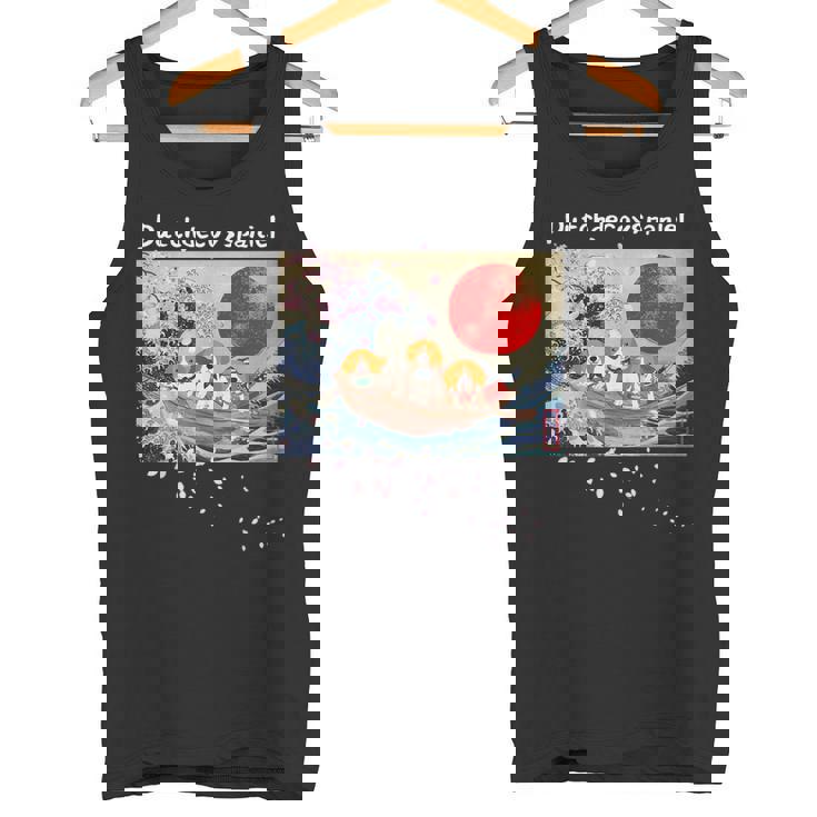 日本 版画 ダッチ デコイ スパニエル デコピン 神奈川の波 海 桜 タンクトップ