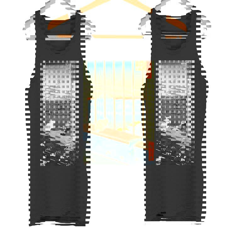 日本のヴィンテージアート 日本美術 浮世絵 日本の 多色刷 木版画 ネコ 猫 富士山 歌川 広重 タンクトップ