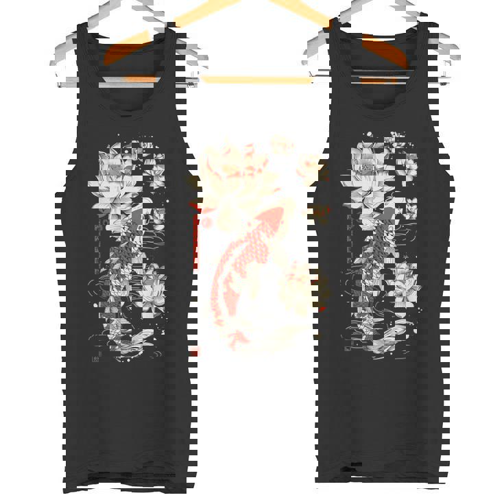 日本の鯉 魚 蓮の花 ヴィンテージ アート 日本 タンクトップ