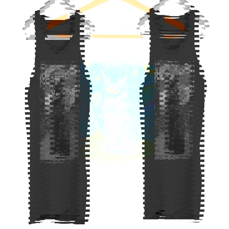 星月夜 ヴィンセント・ヴァン・ゴッホ 黒猫 レトロ絵画 猫 長袖tシャツ タンクトップ