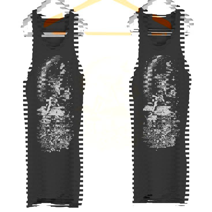 月と星の下のキノコに座る妖精 タンクトップ