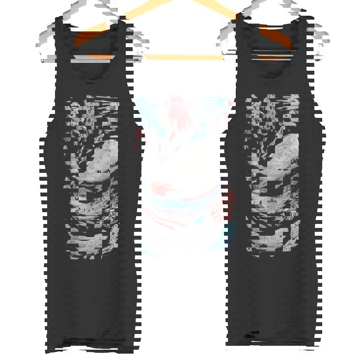 深海の海の生き物 オールフィッシュホエールサメ 水彩画 タンクトップ