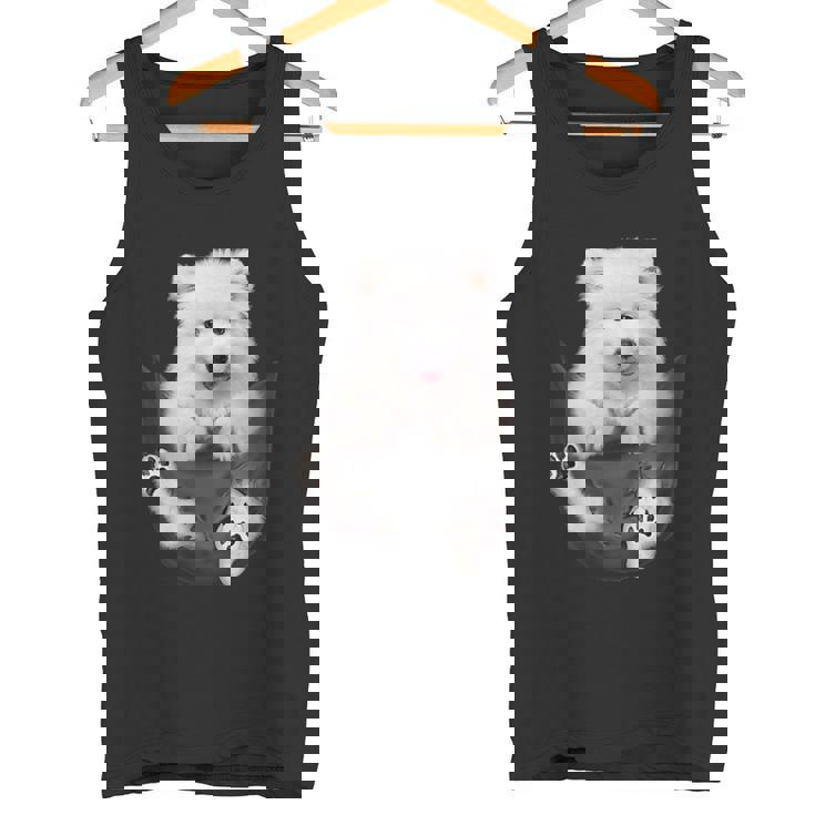 犬好きの方へのギフト サモエド ポケットに入った面白い犬の顔 タンクトップ