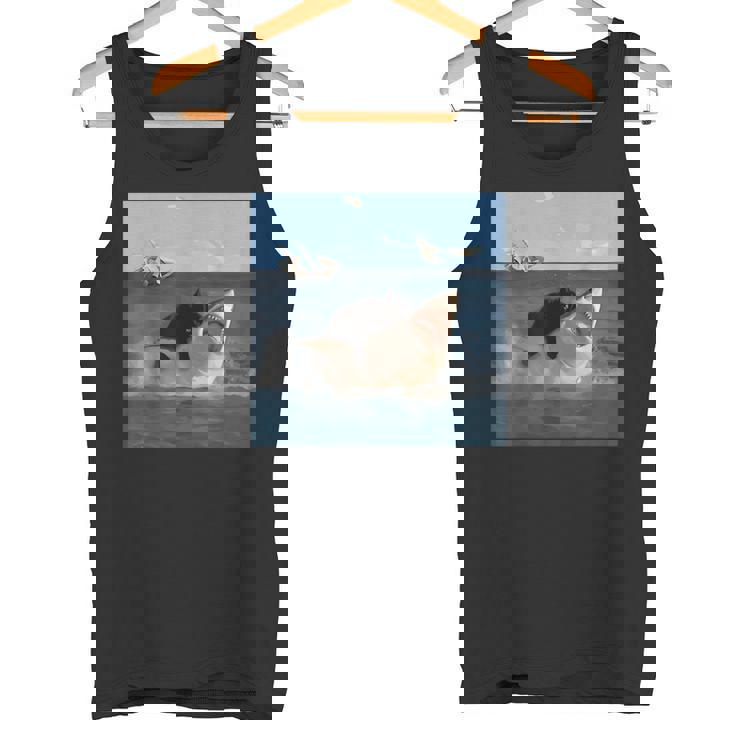 猫を噛むサメの面白いアートと猫好きの面白い猫とサメ。 タンクトップ