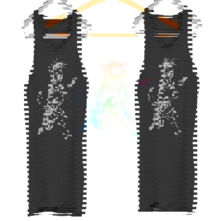 虹色グラデーションの猫のギターデザイン タンクトップ