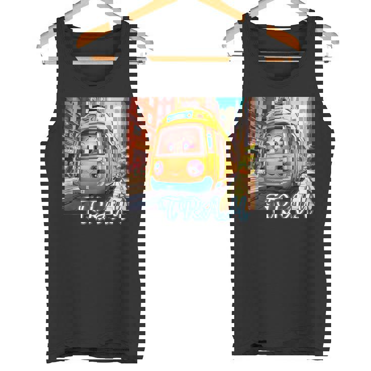 路面電車 Tram かわいい乗り物 おもちゃの乗り物 漫画風電車 鉄道ファン 鉄道旅行 鉄道模型ファン 鉄道風景 タンクトップ