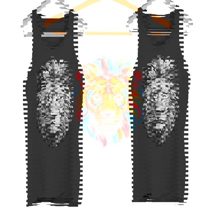 雄大なライオンヘッド 赤、黄、青の芸術的なたてがみ タンクトップ