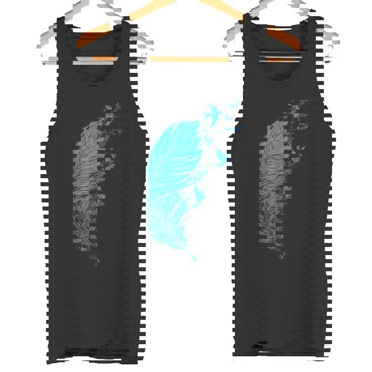 青い羽と鳥が飛んでいる青い羽 キュートでスタイリッシュ タンクトップ