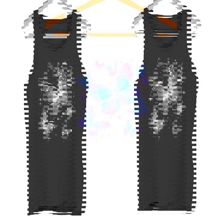 青と紫の模様の蝶たち 昆虫プリント タンクトップ