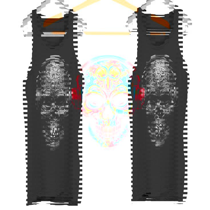 頭蓋骨アート曼荼羅ファンタジーカラフルなヘッドフォンモチーフの頭蓋骨 タンクトップ