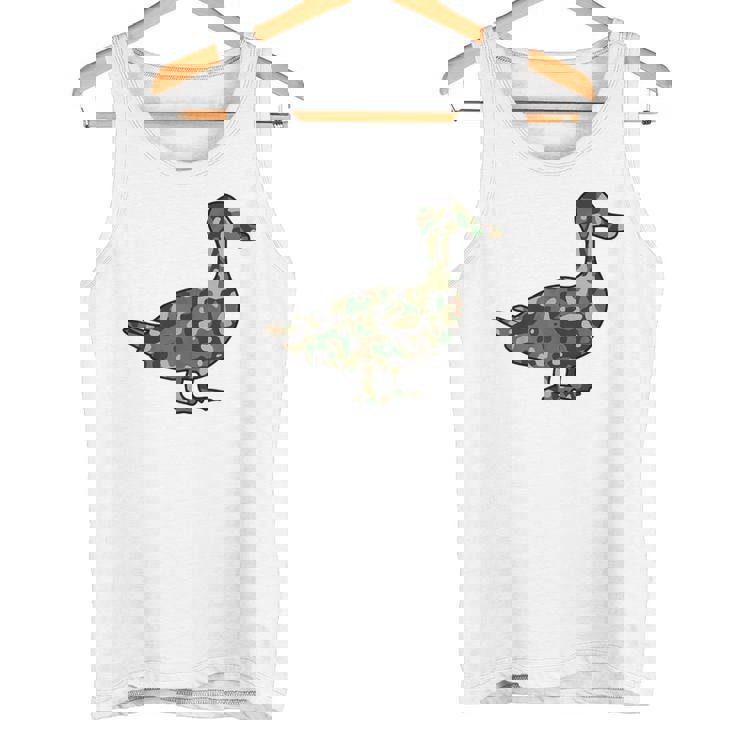 「鴨フラージュ」かも カモフラージュ 迷彩 ダジャレ 駄洒落 動物 鳥 カモ 鳧 カムフラージュ 兵士 軍隊 軍人 国防 タンクトップ