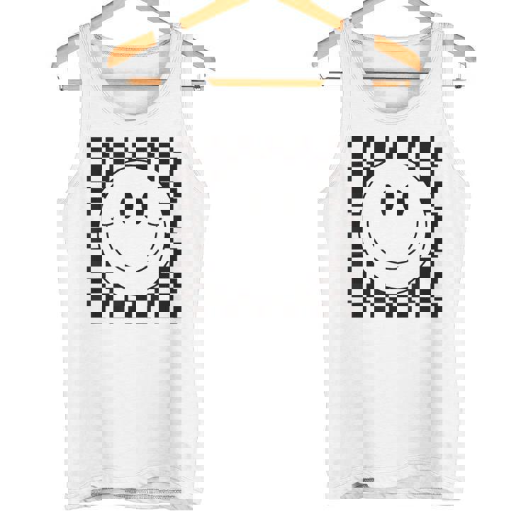 イエロー スマイル フェイスシャツ かわいい チェック柄 スマイル ハッピー タンクトップ