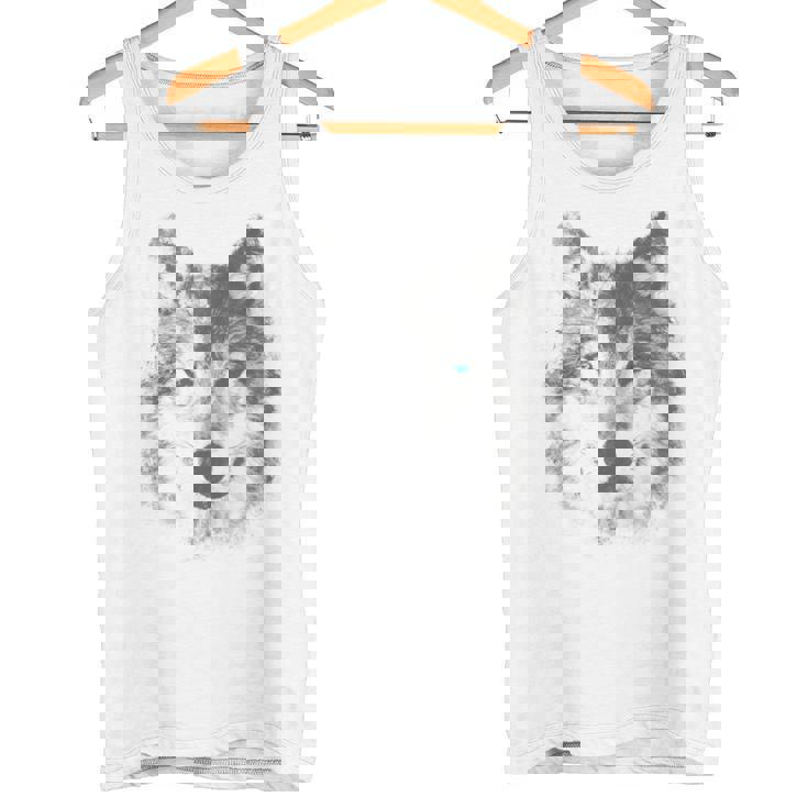 オオカミの顔 青い目 美的スマッジアートスタイル 野生動物 タンクトップ