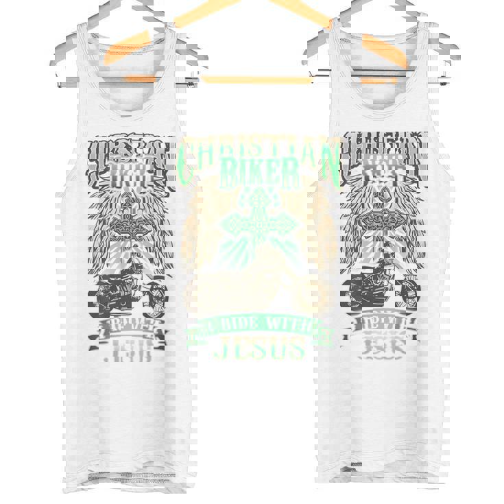 キリスト教バイカーライドウィズジーザスオートバイバックプリントデザイン タンクトップ